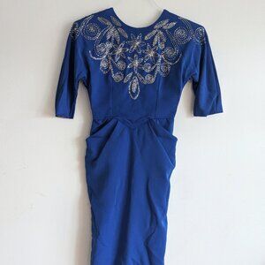 vintage 80s does 60s wiggle dress blue beaded shoulder pads handmade